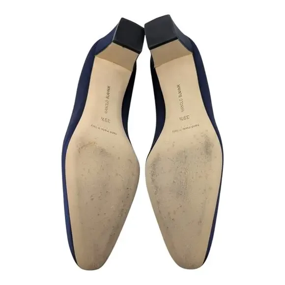 Manolo Blahnik Okkato Jeweled Buckle Crepe de Chine Low Heel Pump Navy 39.5 | 9 - Picture 10 of 12